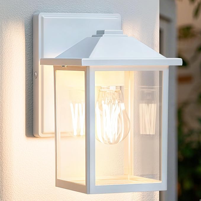 Outdoor Wall Light Fixture, Exterior Waterproof Porch Lighting | White Patio Wall Lantern, Anti-Rust, Clear Glass, E26 Socket, Wall Mount Sconce Lighting, Outside Front Door Light Entryway