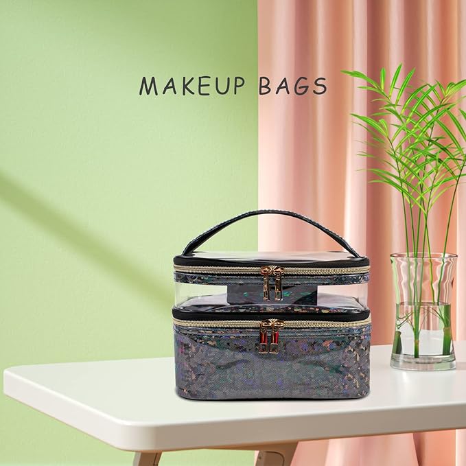 Double-layer Makeup Bag Cosmetic Bag Travel Makeup Cases Organizer Toiletry Bag Gift for Women, Portable Waterproof (Black)