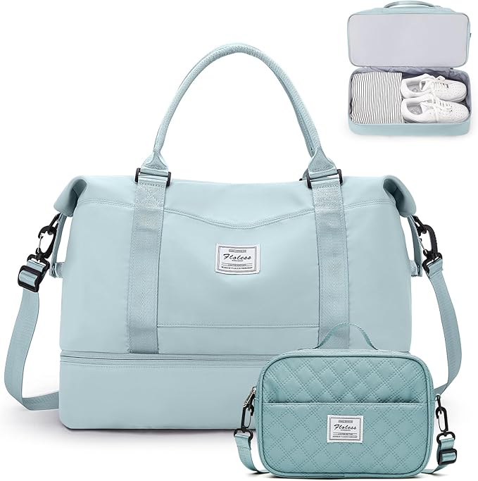 Weekender Bags for Women,Carry On Overnight Travel Duffel Bag with Shoes Compartment & Toiletry Bag,Extra Large,Light Blue