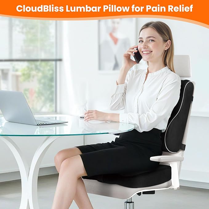 CloudBliss Ergonomic Lumbar Support Pillow Seat Cuhsion - Memory Foam for Lower Back Pain Relief, Adjustable Straps & Mesh Cover for Office, Gaming, Car Seat (Black)