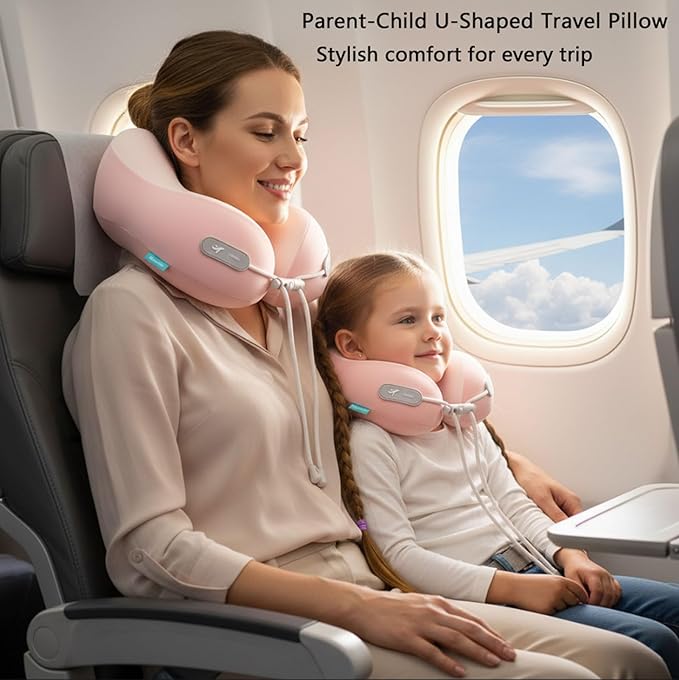 Kids Travel Pillow - Memory Foam Soft Airplane Neck Pillow for Head Neck Support,Compact Design with Hard Case,for Airplane,Car,Home Recliner,or Toddler Travel Support (Kids Pillow-Pink)