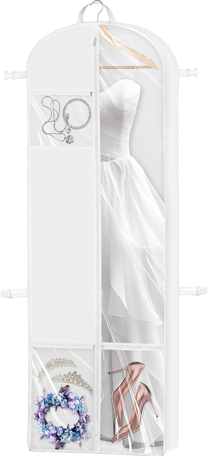 Simple Houseware 70-Inch Long, 8-Inch Gusseted Wedding Dress Garment Bag with Pockets, White