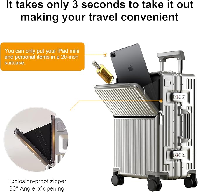 Zipperless Luggage, 22.4" x 15.4" x 9.4" Aviation Certified, Polycarbonate Aluminum Hardshell, Expandable Carry-On Luggage with Spinner Wheels, Hardshell Luggage, 20 Inch Cabin