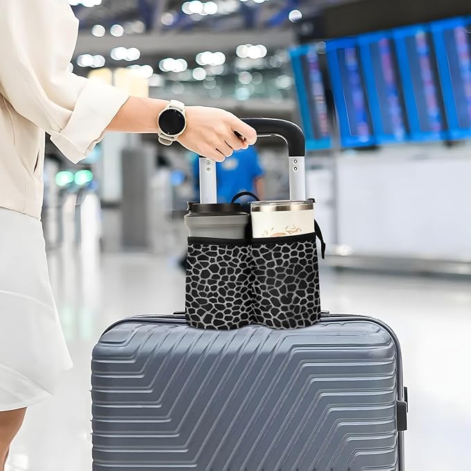 Silvery Leopard Print Black Luggage Cup Holder Travel Portable Free Hand Drink Carrier Suitcase Drinks Beverage Holder Carry-On Bottle Mug Holder Organizer Bag Travelers Accessories