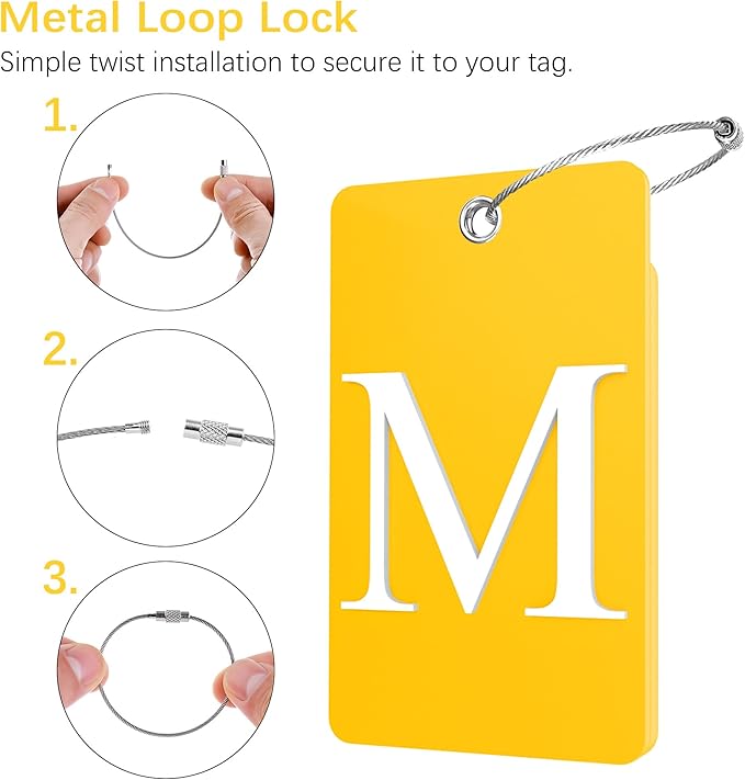 Gostwo 2 Pack Luggage Tags for Suitcases, 26 Initial Letter Travel Luggage Baggage Identification Labels ID Tag Fully Bendable Tags with Stainless Steel Loop (Yellow) (Letter M)