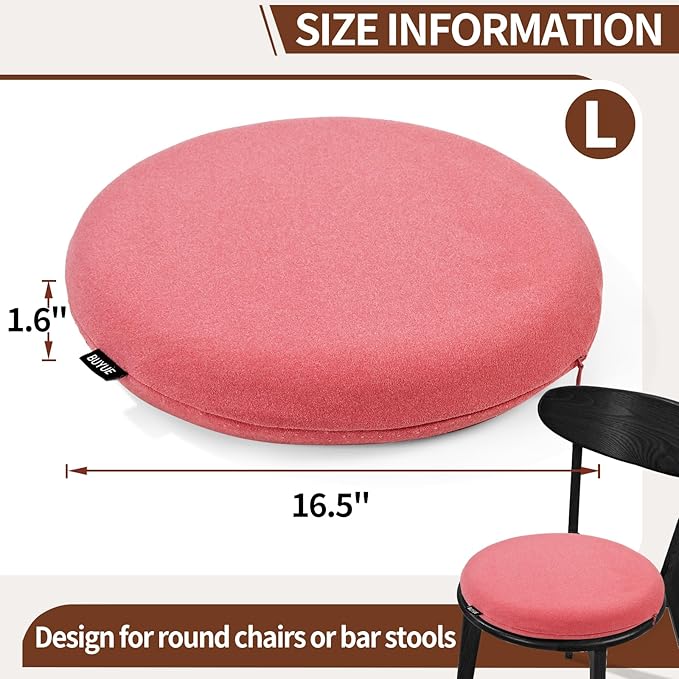 BUYUE Memory Foam Seat Cushion, Dia 16.5" Soft Velvet Round Stool Cushion Anti-Slip Chair Pads, L, Rose Pink