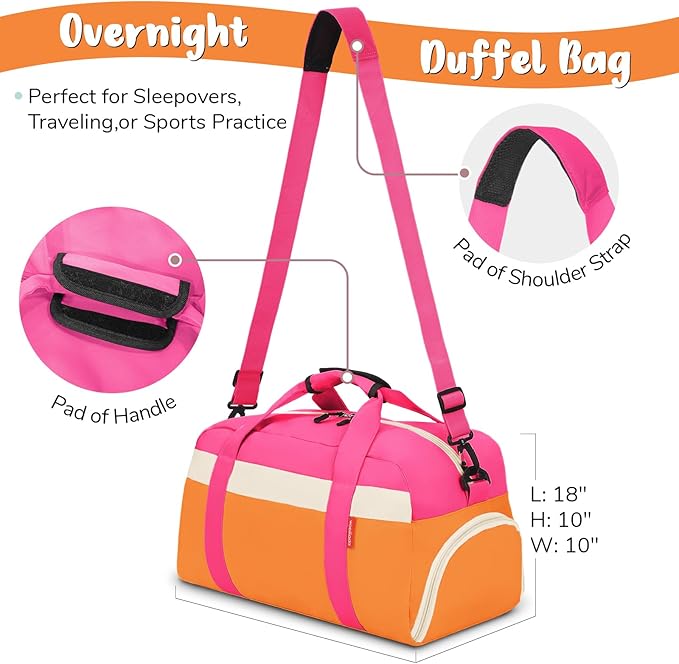WOOMADA Kids Duffle Bag for Boys or Girls, Kids Overnight Bag with Shoe Compartment＆Wet Pocket, Ideal for School Practice, Sports, Travel(orange)
