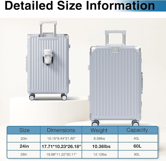 Krute Zipperless Luggage with Spinner Wheels Checked Aluminum Frame Luggage PC Hard Shell Suitcase with Charger and Cup Holder TSA Lock No Zipper 24 Inch Suitcases