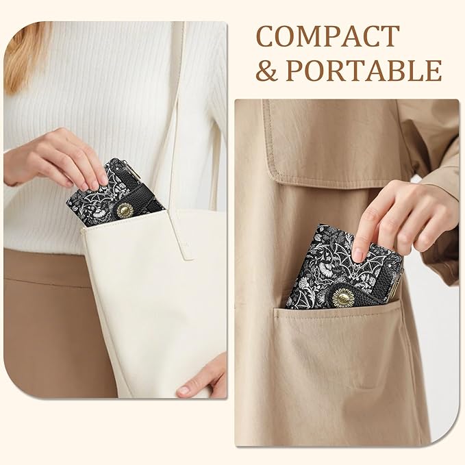Icycay Goth Gothic Bat Small Wallet Women RFID Blocking Bifold, Credit Card Holder, Zipper Coin Pocket, PU Leather, Funny, Compact, Travel, 4 ID Window, 14 Card Slots, Cash Purse, Ladies Woman Female