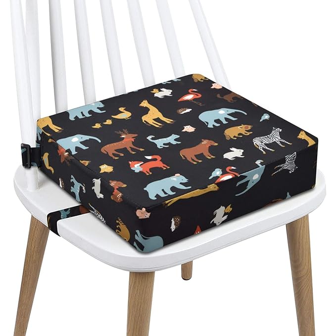 Toddler Booster Seat Dining, Cartoon Canvas Washable 2 Straps Safety Buckle Kids Booster Seat for Dining Table, Portable Travel Increasing Cushion (Elephant-Black)