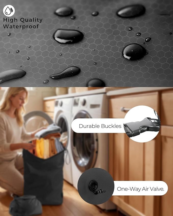 Travel Laundry Bag, Pump-Free Vacuum Compression Dirty Clothes Bag, Reusable Waterproof & Washable Laundry Bag, Wet and Dry Bag, Ideal for Suitcases, Road Trip Essentials (2 Pcs, L+L) Black