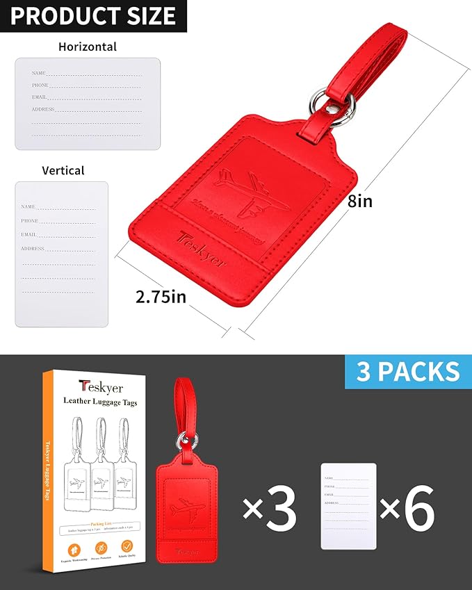 Teskyer Luggage Tags, 3 Pack Premium PU Leather Luggage Tags for Suitcases, Privacy Protection Travel Bag Tags, Red