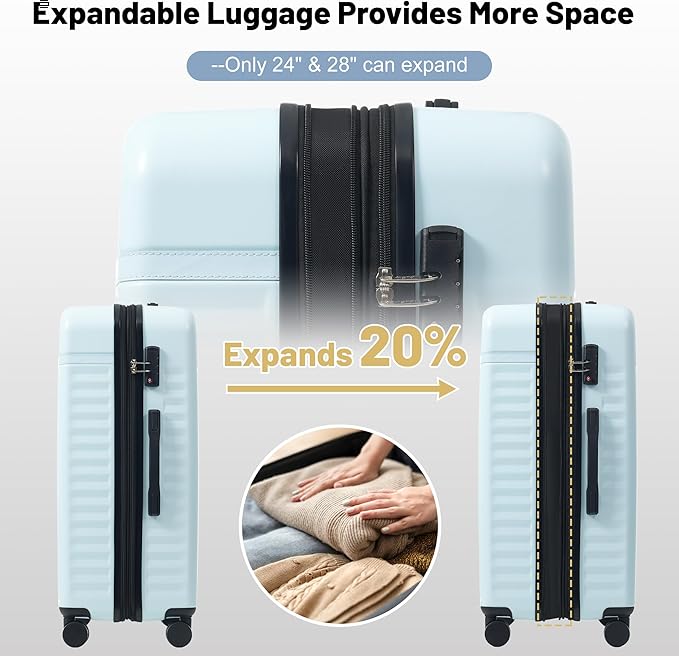 Merax Luggage Sets 5 Piece,Hardshell Expandable Suitcase with Spinner Wheels and Travel Bags,Lightweight Carry on Luggage,20/24/28IN,Light Blue