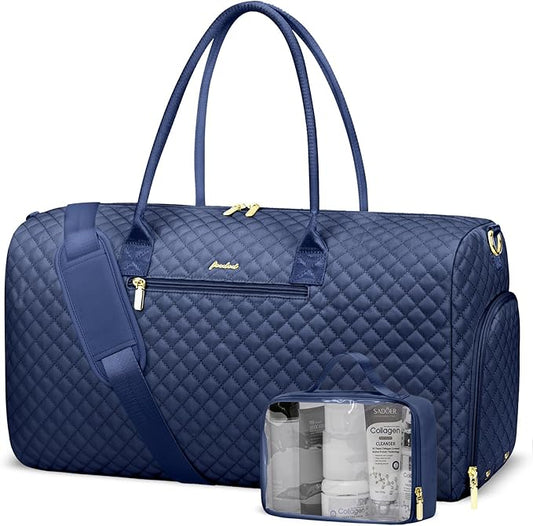 Women Weekender Travel Duffle Bag: Travel Duffel Overnight Bags with Shoe Compartment Large Carry on Tote with Toiletry Bag Weekend Traveling Yoga Gym Hospital Bag for Women with Wet Pocket Blue