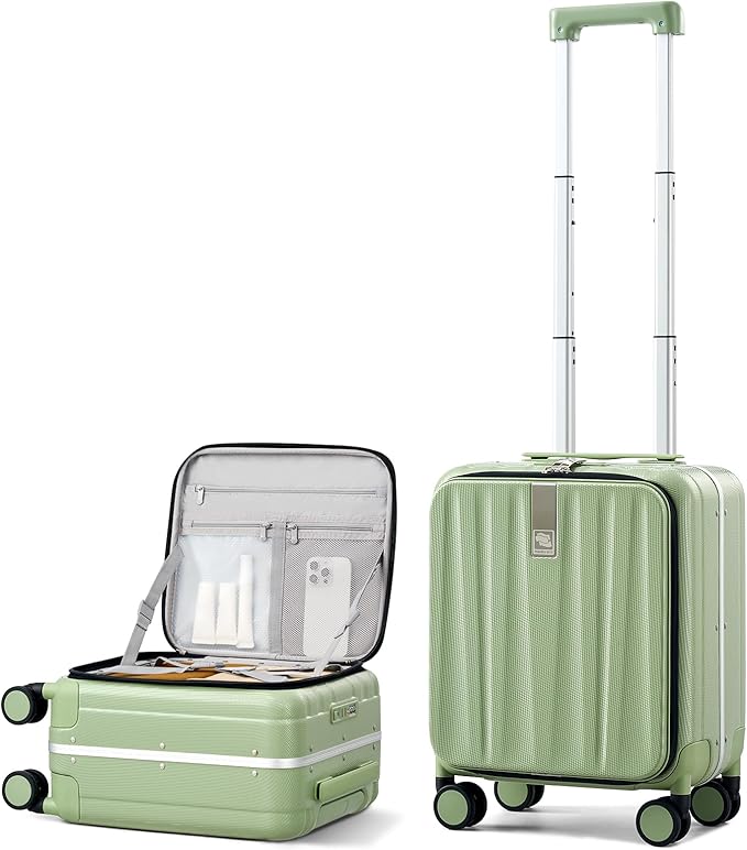 Hanke 16 Inch Underseat Carry On Luggage with Wheels,Small Hard Shell Suitcases for Weekender,Top Opening Lightweight Travel Luggage Suitcase for Womem Men,Bamboo Green.