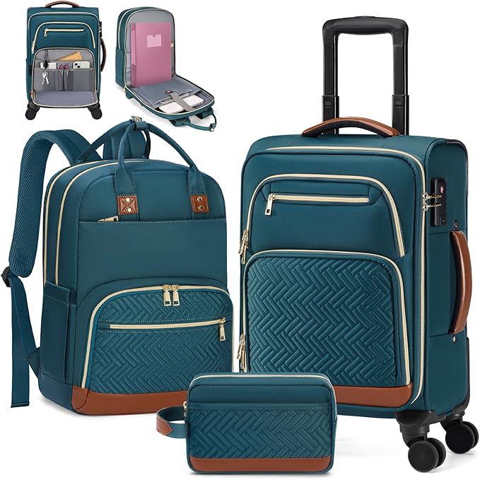 RAINSMORE Carry On Luggage 22x14x9 Airline Approved, 20 Inch Softside Suitcases with Wheels, 3 Piece Luggage Sets, Rolling Carry On Suitcase with TSA Lock for Travel Weekender
