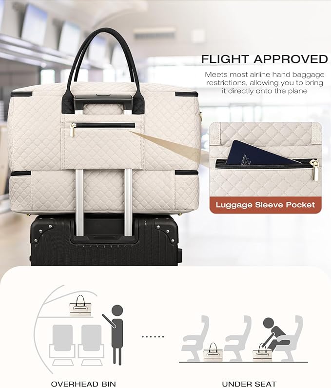 Travel Duffle Bag, Wide Open Large Weekender Bag for Women with Shoe Compartment, Carry on Overnight Bags with Toiletry Bag, Hospital Bag for Women Labor Delivery with Wet Pocket (Beige Black)