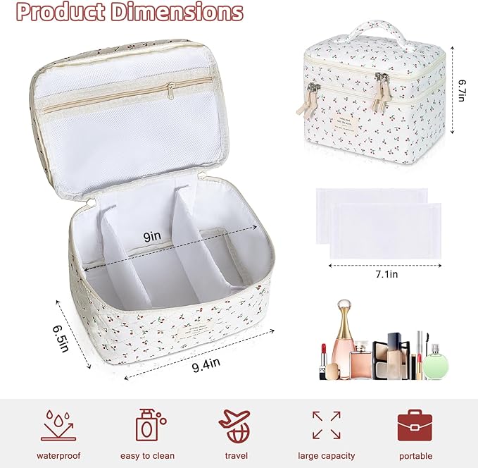 Makeup bag, Large Cosmetic Bag for Women Girls, Cute Quilted Makeup Bags, Floral Coquette Aesthetic Toiletry Bag, Travel Make Up Organizer Bag (Cherry)