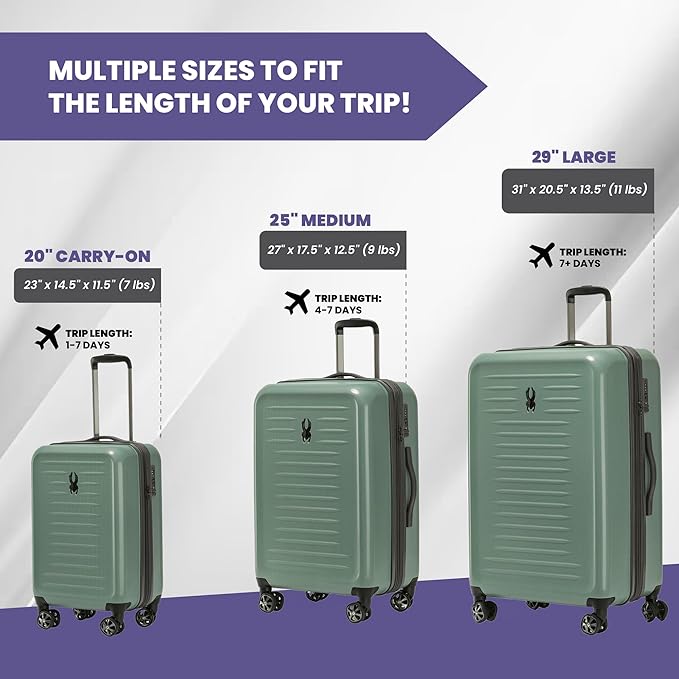 Spyder Rails Expandable Hardside Upright Suitcase with 360° Spinner Wheels, TSA Approved Lock (Sage, 3-Piece Set)