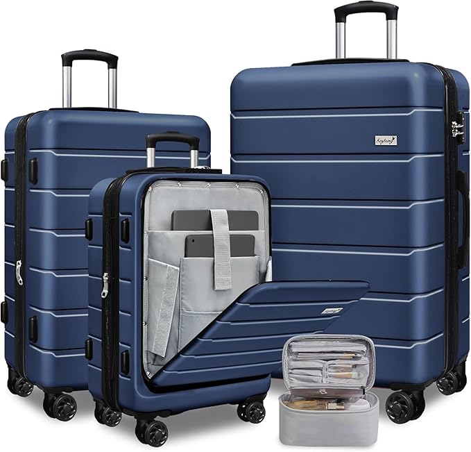 SmileLine 3-Piece Luggage Set Lightweight Hardside Suitcase TSA Lock Spinner Wheels, 20" Expandable Carry-On Luggage with Quick Access Front Open Pocket, Bonus Makeup Bag, Navy Blue