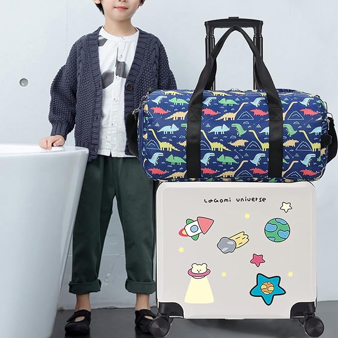 CAMTOP Kids Overnight Duffel Bag for Boys and Girls Carry-On Size Tote for Travel Gym Sport (Navy Dinosaur) 18.1"L* 9.1" H* 8.7"W