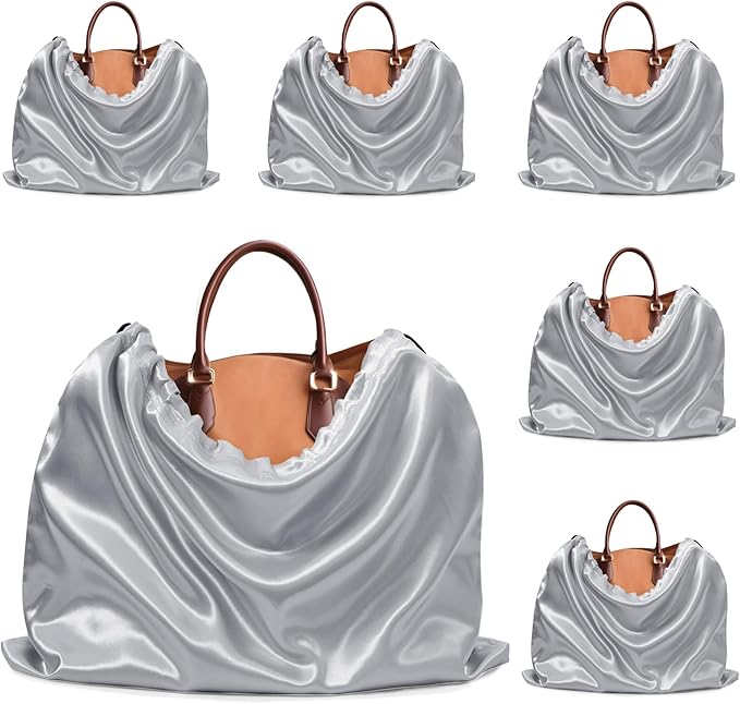 Ersmak 6 Pack Dust Bags for Handbags - Grey Silk Dust Cover Bag for Purses Shoes - Satin Drawstring Dustproof Bags for Travel Storage - 19.7 x 15.7 In