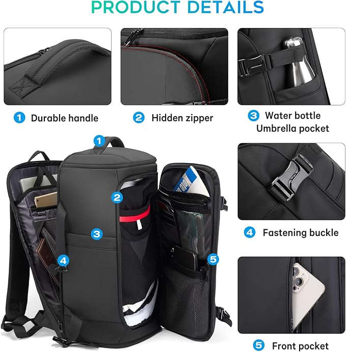 BANGE 40L Travel Backpack with Shoe Compartment, Large Capacity Weekender Bag Daypack Fits 17.3 Inch Laptop, Carry-on Luggage Backpack with Water Bottle Holder for Traveling, Hiking, Business