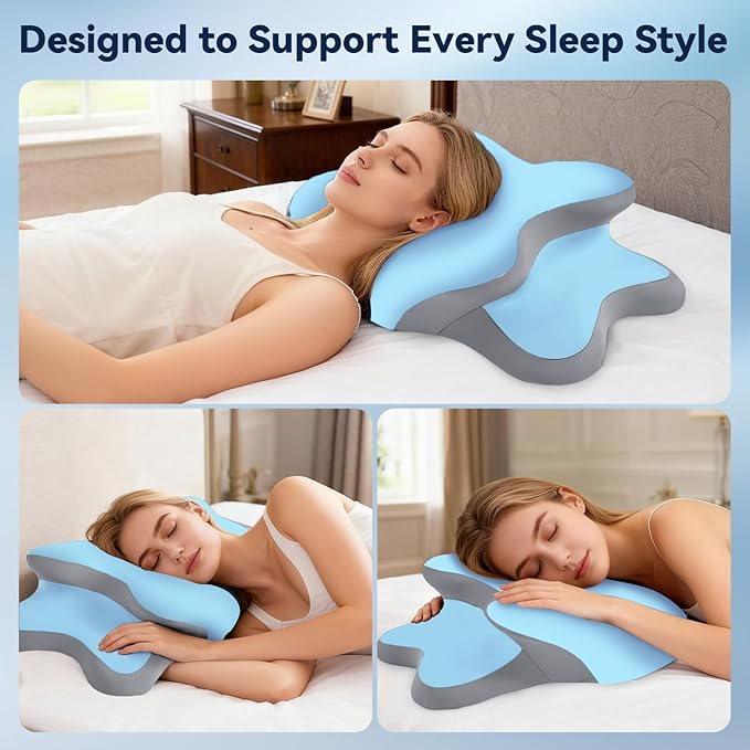 Sleep Apnea Pillow with Neck Pain & Snoring Relief -Orthopedic Cervical Pillow, Ergonomic Contour Memory Foam for Side, Back,Stomach Sleepers, Medium Firm (Blue, Queen Size 25" Lx15 Wx5.8 H)