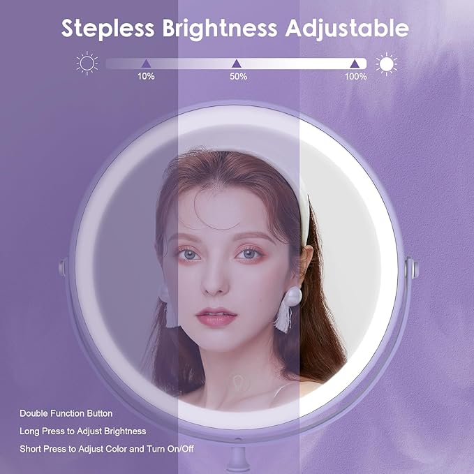 DEIOVWXS Makeup Mirror, 3000mAh Rechargeable Double-Sided Magnifying Vanity Mirror with 3 Colors, 1X/10X, 360° Rotation, Adjustable Brightness, Gifts for Mom, Women,Wife, Girls, Dorm Room Essential