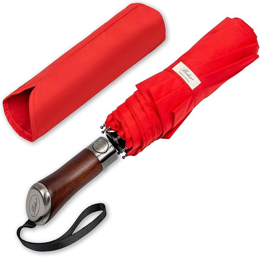 Balios (Designed in UK) Travel Umbrella Luxurious Golden Hardwood Handle Auto Open & Close Windproof Frame Single Canopy Automatic Folding Umbrella Men's & Ladies