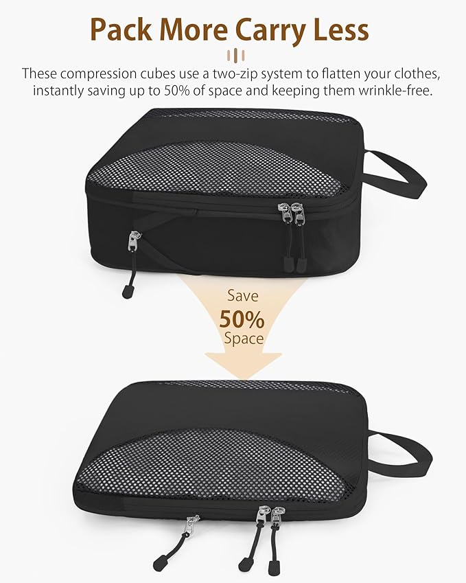 Compression Packing Cubes 8 Sets, Packing Organizers, Extensible Suitcase Organiser Bags, Travel Organizer Cubes for Travel Essentials Black