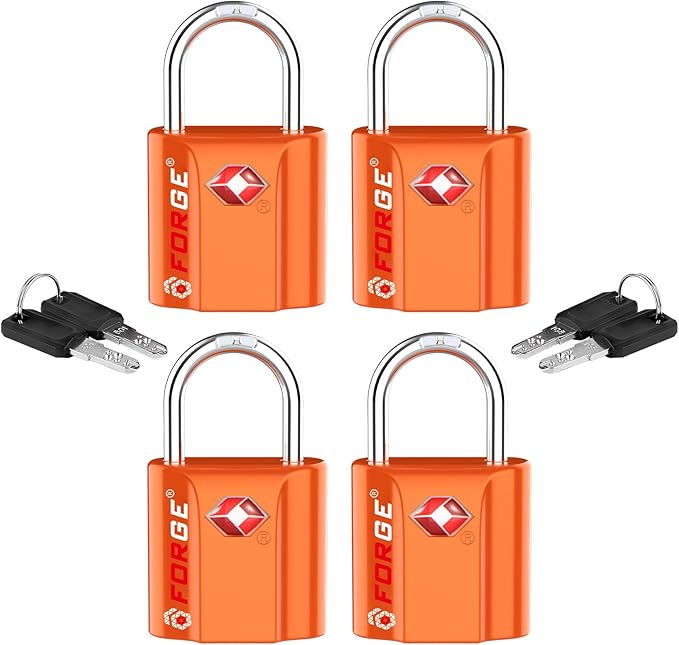 Forge Small TSA Approved Luggage Locks: Ultra Secure Dimple Key Travel Locks Alloy Body. for Luggage, Travel Cases, Backpacks, Orange 4 Pack.