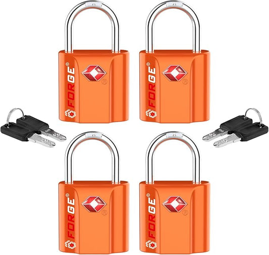 Forge Small TSA Approved Luggage Locks: Ultra Secure Dimple Key Travel Locks Alloy Body. for Luggage, Travel Cases, Backpacks, Orange 4 Pack.