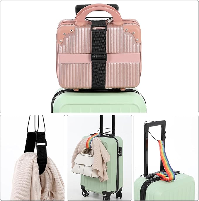 4 Pack Adjustable Luggage Straps Suitcase Belt for Add a Bag, Lightweight Easy Elastic Wrap Belts for Attaching Extra Bags, Luggage Straps Bag Bungee, Travel Accessories(Black/Rainbow)