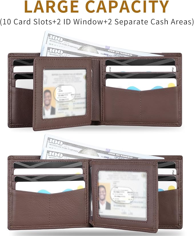 Mens Wallet - Genuine Leather Bifold RFID Blocking Slim Front Pocket Large Capacity with 10 Card Slots, 2 ID Windows & 2 Cash Pockets - Heavy Duty Stitched Gift for Men (Brown)