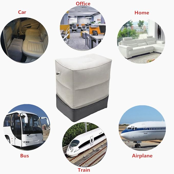 Inflatable Travel Foot & Leg Rest Pillow with Adjustable Height for Airplane, Car, Bus, Train, Office, Camping and Kids to Sleep on Long Flights, Air Pump Included