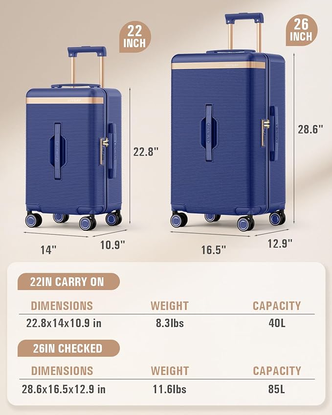 Joyway Luggage Sets 2 Piece, 22 Inch Carry On Luggage and 26 Inch Trunk Checked Luggage with Cup Holder, Lightweight Hardside Suitcase with Pressure-resistant Frame, Shock Absorbing Wheel and TSA Lock