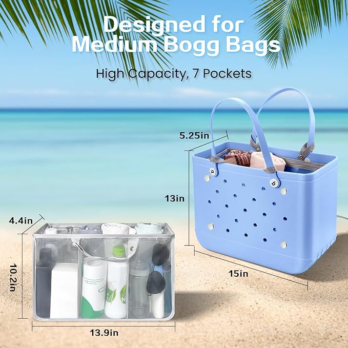 XYFuuee Beach Bag Organizer Inserts for Baby Medium Bogg Bag Accessories with 8 Removable Metal Fasteners, Lightweight Mesh Insert Divider Pouch, Organizing Rubber Tote, Save Storage Space, Gray M