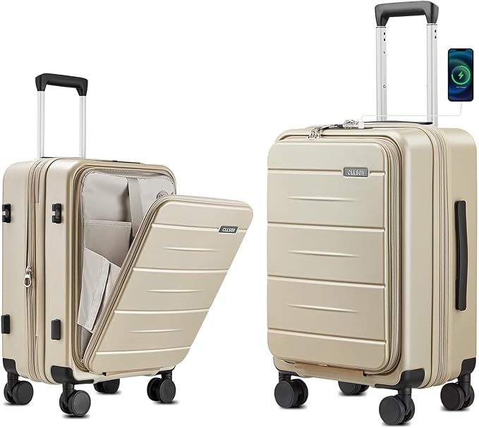 Carry On Luggage with Top Opening, Expandable with Front Pocket and USB Charging Port, Lightweight with Front Compartment Rolling Suitcases with Spinner Wheels (Khaki, 20 Inch)