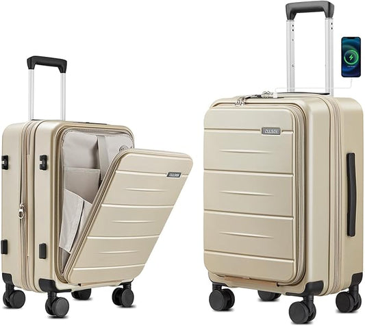 Carry On Luggage with Top Opening, Expandable with Front Pocket and USB Charging Port, Lightweight with Front Compartment Rolling Suitcases with Spinner Wheels (Khaki, 20 Inch)