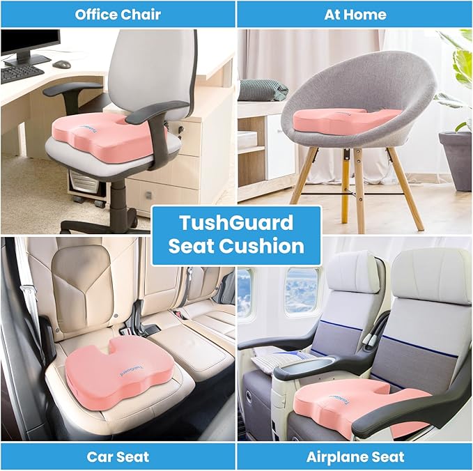 TushGuard Seat Cushion for Office Chair Memory Foam Non-Slip Cushion Back, Relief Chair Pad, Butt Pillow for Office, Car, Computer Desk, Pink, X-Large