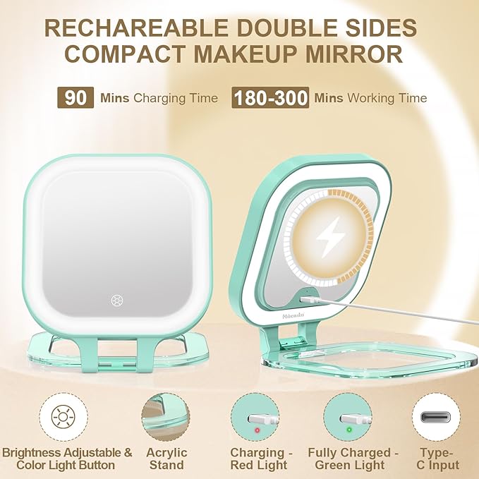 Mocado Compact Travel Makeup Mirror, 1X/10X Magnifying Mirror with Light, Double Sides Compact Mirror with 3 Color Light, Dimmable Handheld Mirror, Rechargeable Travel for Purse,Pocket(Green)