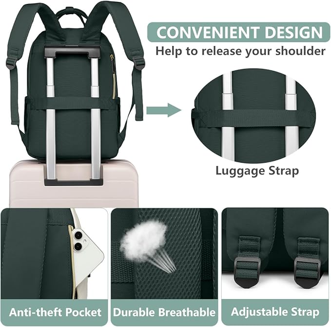 Laptop Backpack for Women Work Bag - 15.6 inch Travel Backpack with USB Charger Business Computer Backpacks for Work College Back pack for Teacher Casual Waterproof Bookbag for Nurses Beige Green