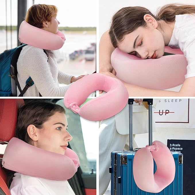 Travel Pillow Neck Pillow for Traveling Sleeping Memory Foam Neck Pillows Portable U-Shaped Neck Pillow Airplane Suitable for Camping Train Car Office Rest Pink