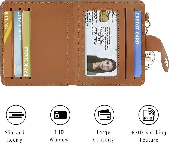 Airkit Small Wallets Woman RFID Blocking Leather Credit Card Holder - with ID Window - Card Wallets for Women - with Zipper Coin Purse - Keychain Wallet