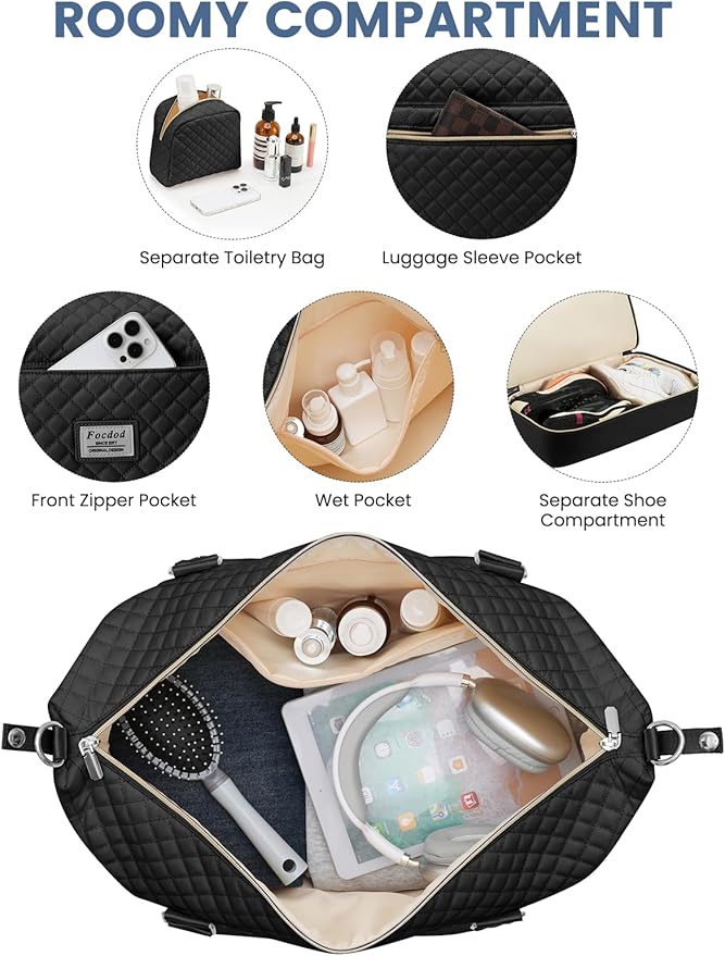 Travel Weekender Duffle Bags for Women: Overnight Bags with Shoe Compartment Large Carry on Weekend Bag with Toiletry & Wet Pocket Tote Duffel Bag Hospital Bag for Women Labor Delivery Black