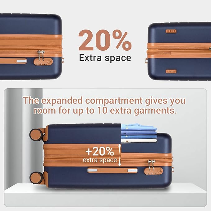 Kono Expandable 20 Inch Carry On Suitcase Airline Approved, Lightweight ABS+PC Hardshell Luggage with 360° Silent Spinner Wheels, Navy/Brown