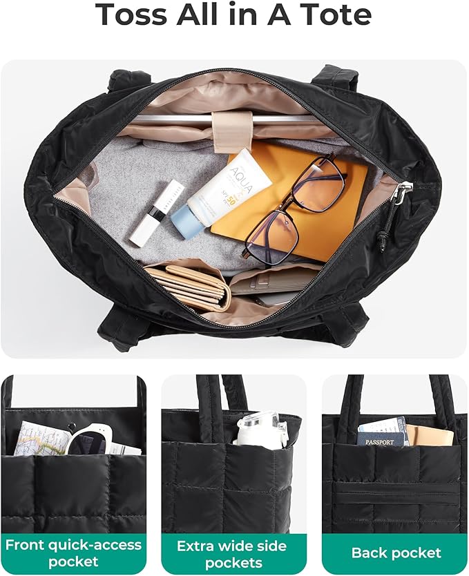 BAGSMART Expandable Tote Bag for Women, Puffer Work Tote Handbag, Quilted Carry On Bag for Travel Gym