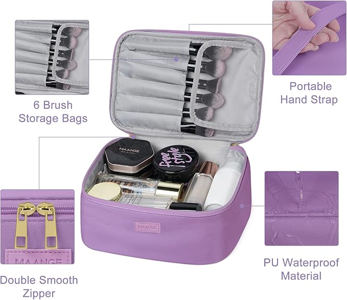 MAANGE Travel Makeup Bag - Large Makeup Bag with 2pcs Small Makeup Bag Portable Leather Cosmetic Bag Toiletry Bag Make Up Bags for Women and Girls (Purple)