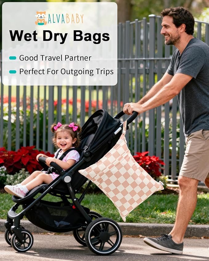 ALVABABY 3 pcs Cloth Diaper Wet Dry Bags Waterproof Reusable with Two Zippered Pockets Travel Beach Pool Daycare Soiled Baby Items Yoga Gym Bag for Swimsuits or Wet Clothes Small Medium Large 3L-SML15